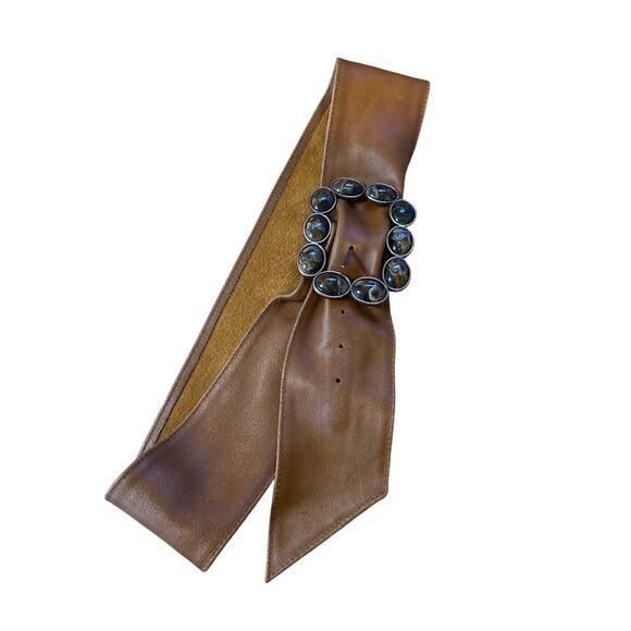 Vtg Carmel Color Leather Belt Embelished Marble Stone Buckle Wide S/M - Picture 6 of 6